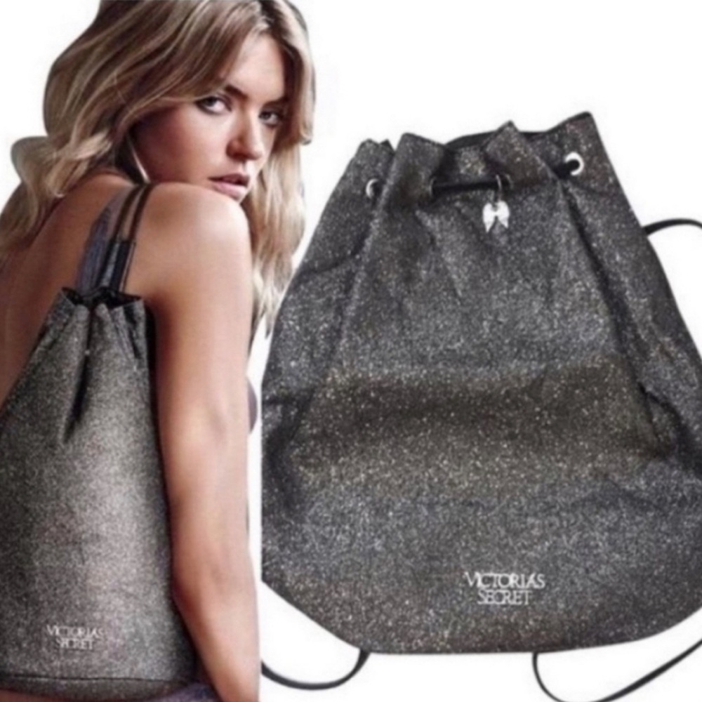 Victoria's Secret Silver Grey Glitter Bucket Drawstring Backpack Bag